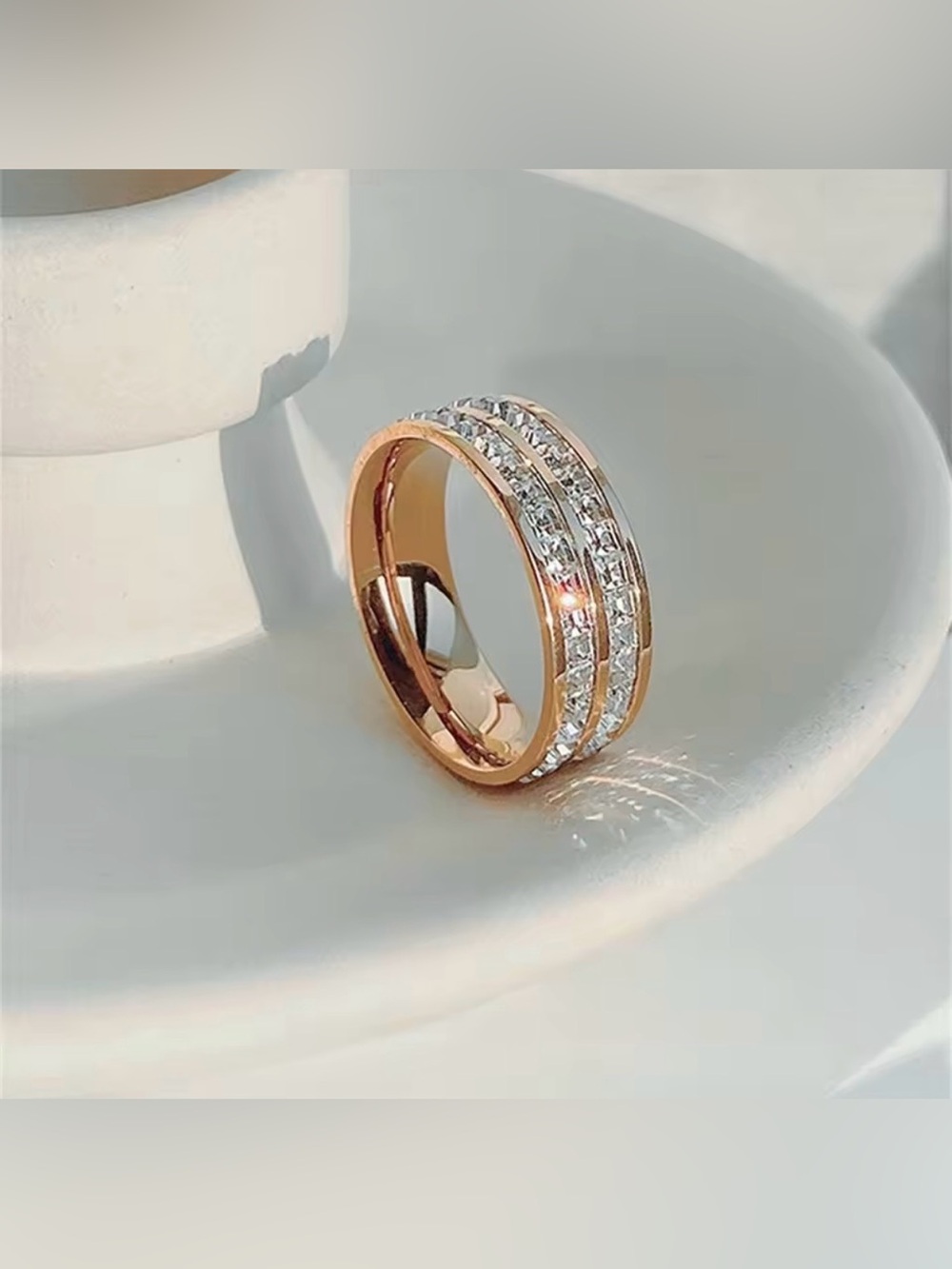 18K Rose Gold 2 Row Princess Cut Diamond Inlay Ring Wedding Engagement No Fade